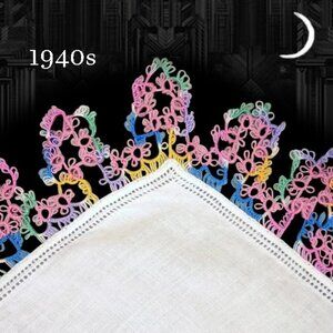 Vintage 40s Handkerchief Tatted Linen Hankie SERIOUS Multicolor Tatting – Hanky